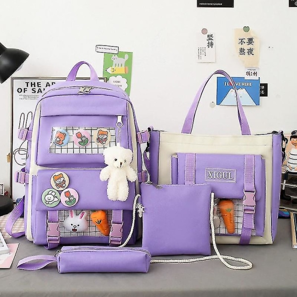 4 kpl set Harajuku Naisten Kannettava Reppu Koululaukut Teinitytöille Kawaii College Student Kids Kirjakassi Reppu purple