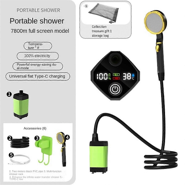 7800mah Portabel Duschpump Uppladdningsbar Elektrisk Duschpump Grön