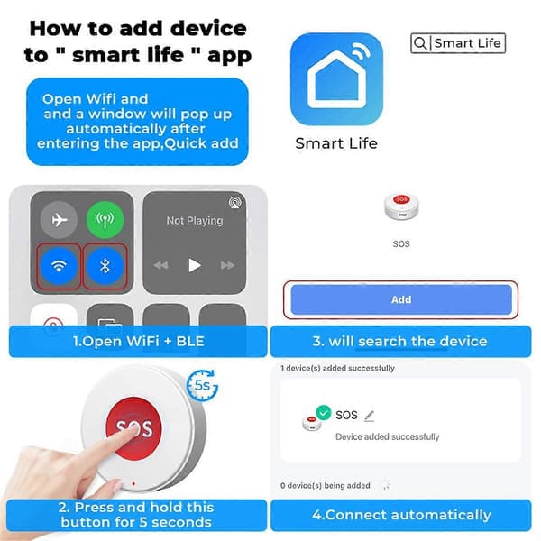 Mini Tuya WIFI Eldre SOS Knapp Vanntett Nødpanikksensor