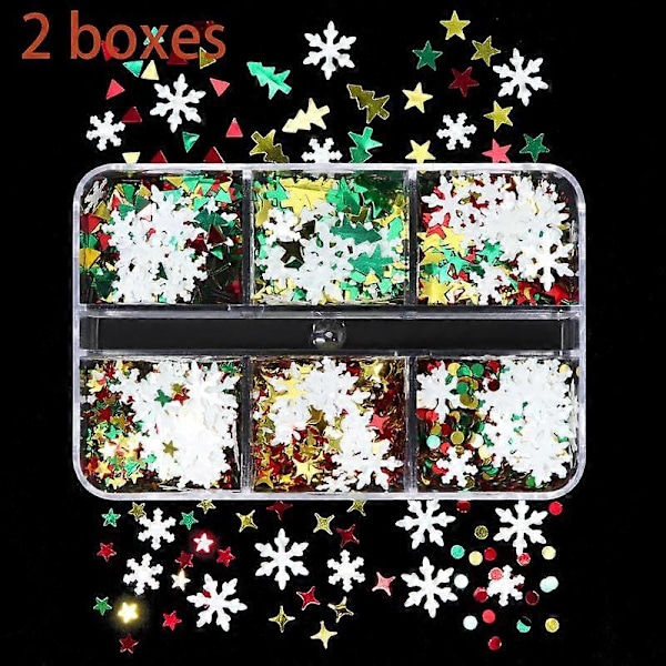 6 ruter med jule negl glitter paljetter, vinter neglekunst klistremerker dekorative holografiske laser snøfnugg glitter negl chips (to esker)