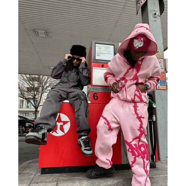 Gotisk Grå Y2k Hættetrøje Pink Hættetrøje Mænd Pige Hip Hop Oversized Sweatshirt Harajuku Punk Streetwear Løs Casual Y2k Sæt Sudadera Brown Pants L