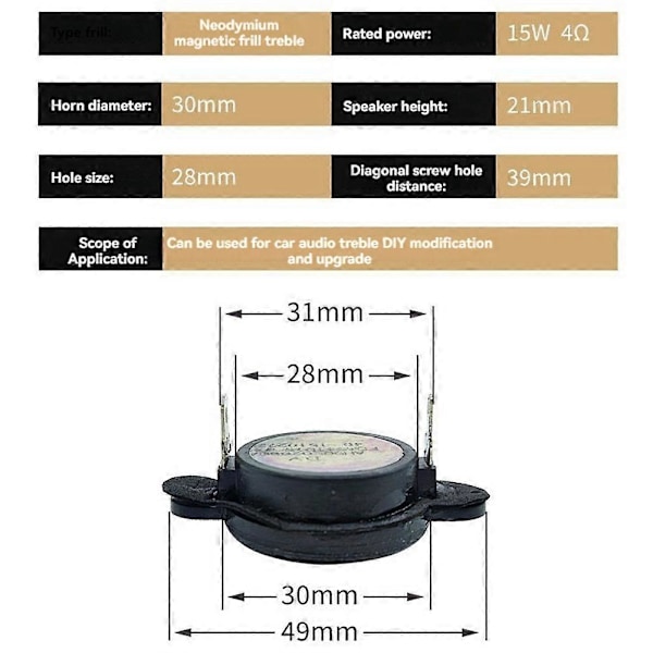 2 st 1,25 tums mini-diskant 15W 4 Neodymium Silk Film-högtalare för DIY bilmodifierad diskant Booksh