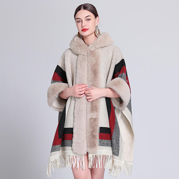 Höst- och vintertrendig cape sjal plus sammet förtjockad pälskrage rutig huva tofs stickad sjal cape Striped beige plus velvet 80-100cm