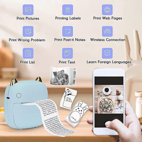 Mini Lomme Printer, Bærbar Termisk Printer med LED, Bluetooth Blækfri Printer Gave til Børn, Os