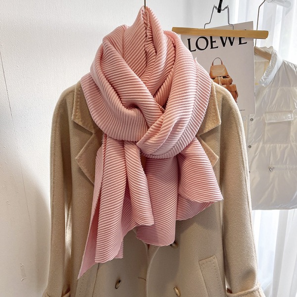 Japansk grön Miyake-stil enfärgad imiterad bomull och linne veckad scarf vinter dam stil sjal varm scarf light pink