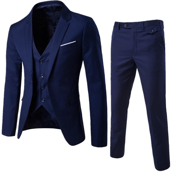 3-delt Slim Fit Herrejakkesæt Ensfarvet Jakke Vest Bukser Business Sæt Navy Blue 3XL