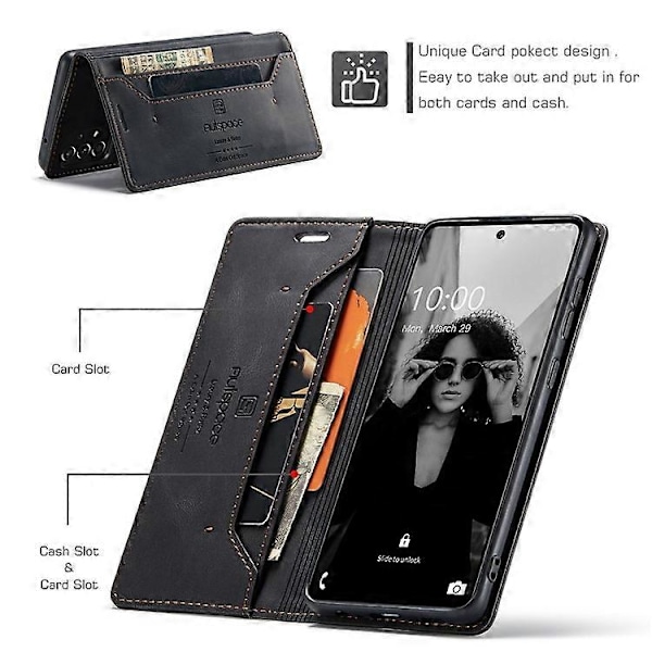 AUTSPACE A01-serien Kompatibel med Samsung Galaxy A52 4G/5G/A52s 5G PU Läderfodral RFID Plånbok Flip Ställ Skydd Black
