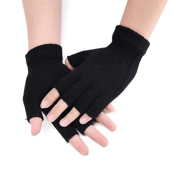 1 par sorte fingerløse handsker med halve fingre til kvinder og mænd, strikket i uld til håndled