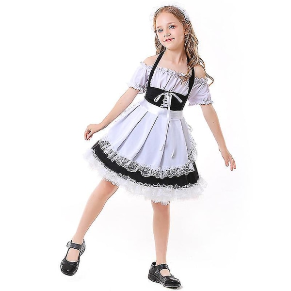 Barn Barn Lovely Maid Cosplay kostym för flickor Lolita Svart Vit Grimma Klänning Fantasia Halloween Kostymer L 130-145cm