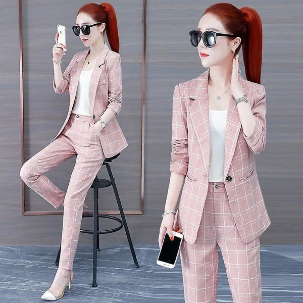 Ruudullinen puku, kaksiosainen set naisten syksyn muoti korealainen ohut bleisitakki ja housupuku toimistonaiselle pink L 55-60kg