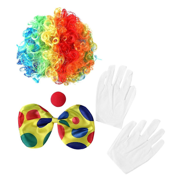 Regnbåge Clown Kostym Peruk Svamp Näsa Prickar Fluga Vita Handskar Clown Set för Cosplay Kläder Rekvisita