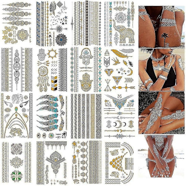 16 ark metalliske tatoveringsklistremerker, 150+ design metalliske midlertidige tatoveringsklistremerker, glitter vanntette falske tatoveringsklistremerker, egnet