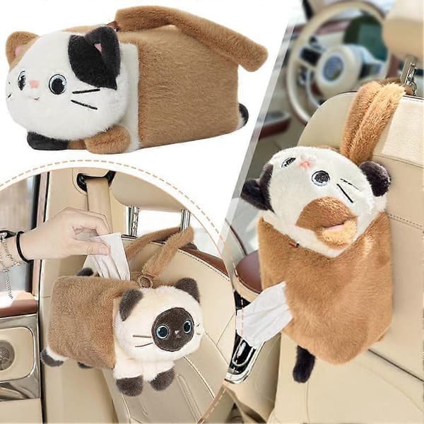 Cute Car Tissue Holder Plush Kitten Paper Box with Headrest Hook A