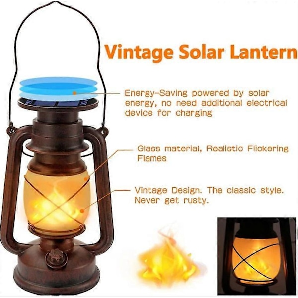 Solarlampor Utomhus LED Orkanlykta med Flameffekt Vattentät Retrodesign LED Dekorativ Orkanlampa för Trädgård, Stigar, Landskap (1p