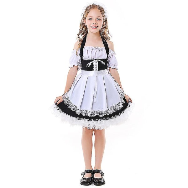 Barn Barn Lovely Maid Cosplay kostym för flickor Lolita Svart Vit Grimma Klänning Fantasia Halloween Kostymer L 130-145cm