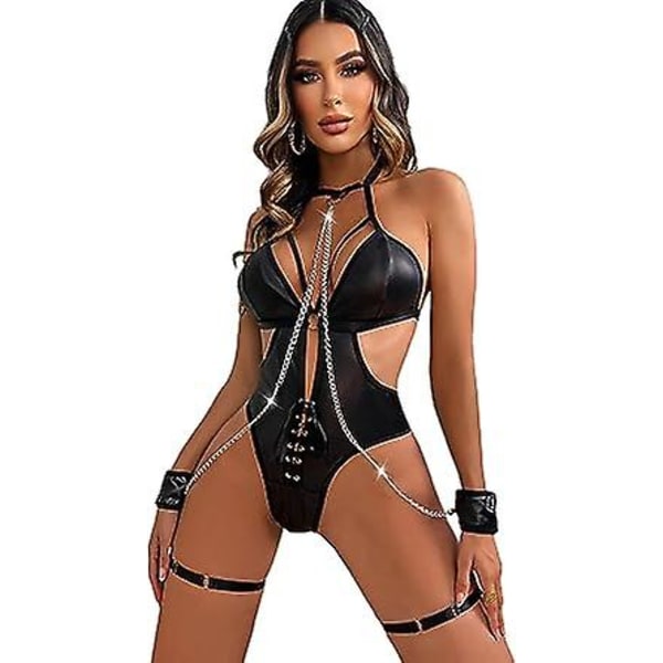 Sexet læderlingeri til kvinder kropssele til kvinder læder teddy bodysuit med benringe S