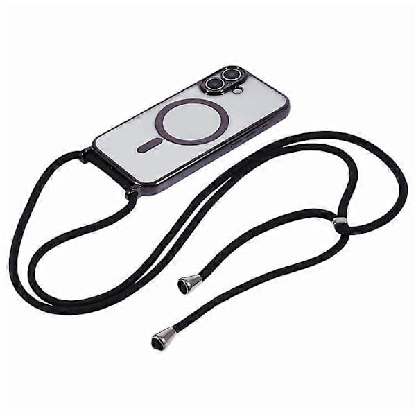 Kompatibel iPhone 16 Case Kompatibel med MagSafe Elektroplettering TPU Mobiltelefonbeskytter med Lang Snøre Black