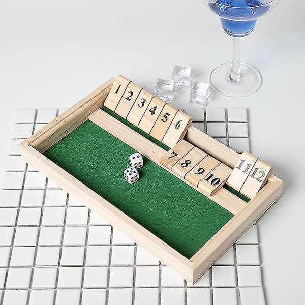 Shut The Box 12'er, 2 Træterninger & Terningebræt, klassisk Spil