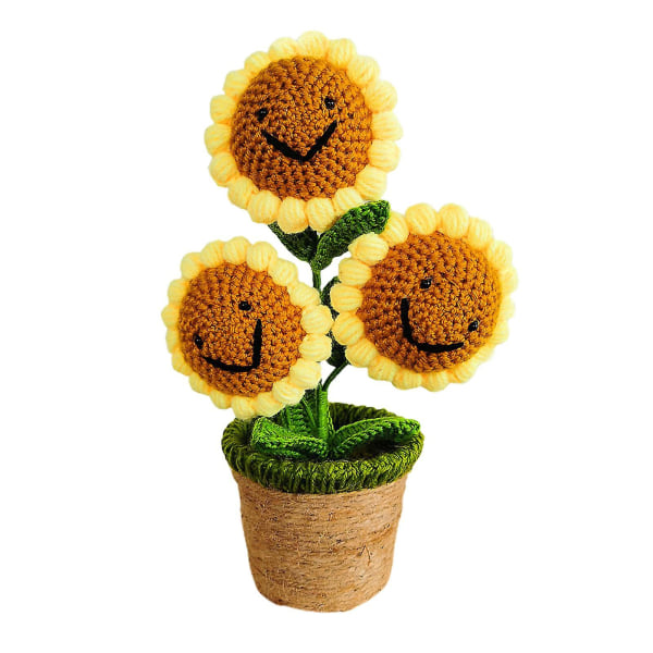 Käsintehty neulottu kukka keinotekoinen kudottu ruukkukasvi lanka monivärinen luovuus käsintehty 3 Sunflowers
