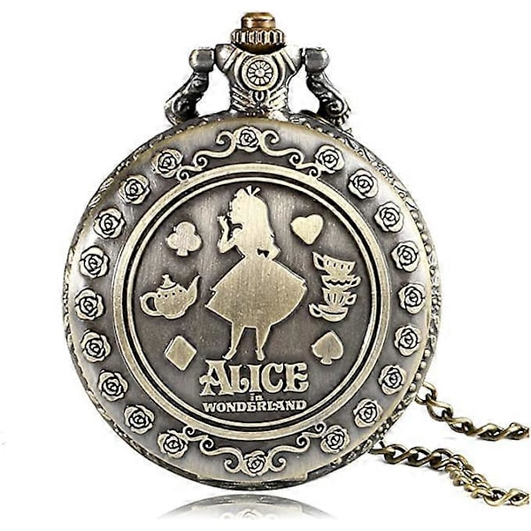 Alice i Eventyrland-tema 3D Bronse Effekt Dame Quartz Lommeur Halskjede - På 32\" Tommer / 80cm Kjede