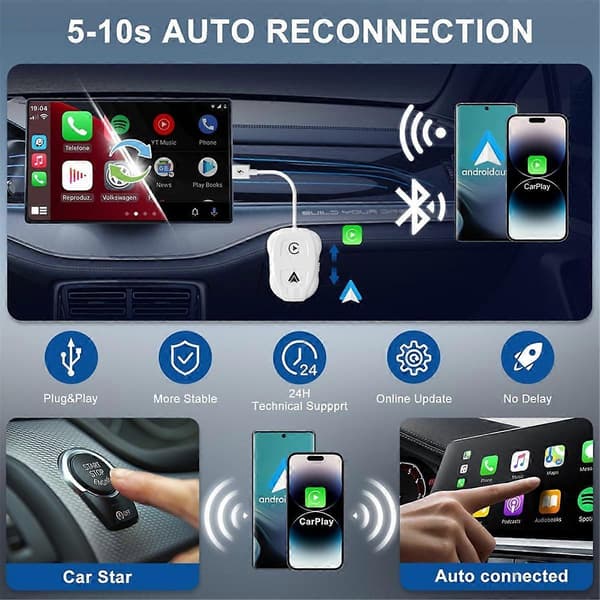 Langaton Carplay Android Auto -sovitin, Plug & Play -dongle, kaikkiin langallisilla CarPlay-autoilla IOS 10+ Android