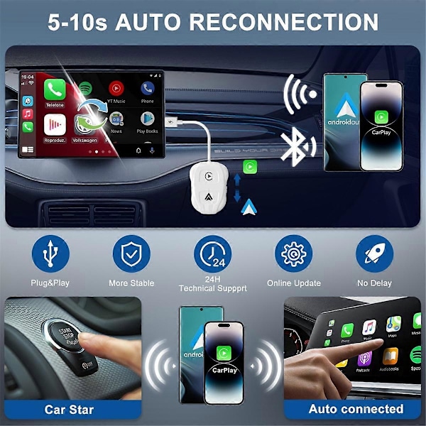 Trådlös Carplay Android Auto Adapter, Plug & Play Dongel, för alla bilar med trådbunden CarPlay IOS 10+ Androi