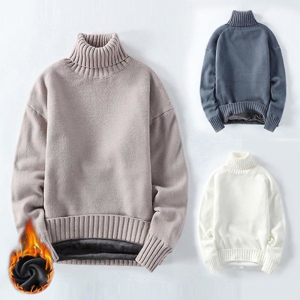 Tjockstickade herrtröjor med sammetsfoder, vintervarma kläder, topp med hög krage, enfärgad, lös, flexibel pullover för män Black L