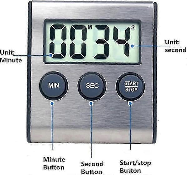 24-timers digital timer med nedtælling og stopur til køkken, sport, studie, møde, rustfrit stål sort