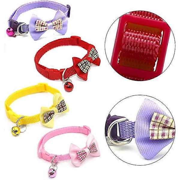 4 katt halsband med klockor och rosetter för snabbkoppling, justerbara djurhalsband, katt halsband, kattungar, små djur inomhus och utomhus