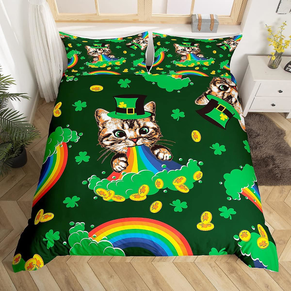 St. Patrick's Day Påslakan Söta Katter Regnbåge Sängklädesset Retro Lyckoklöver Polyester Täcke Sött Djur Täckeöverdrag