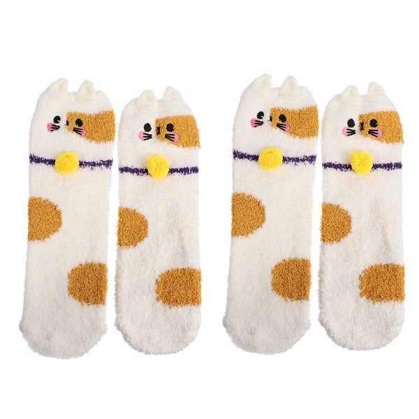 2 par bedårande Coral Fleece strumpor Kattmönster strumpor Sleep Bed Socks