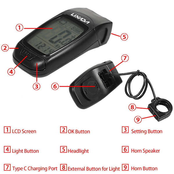3 i 1 Cykelcomputer USB Genopladelig Trådløs Cykelcomputer Cykel Speedometer med LED Forlygte og Horn