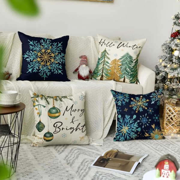 God Jul Snöflinga Träd Dekoration Kuddfodral, 40x40cm Vinter Semester Kuddfodral Soffdekoration Style-1 50X50cm