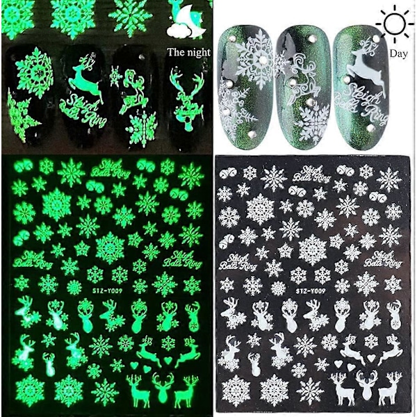 Självlysande julnageldekaler Nagelkonst 9 ark Självhäftande nageldekaler Nageldekaler Nagelkonstdesign Manikyr