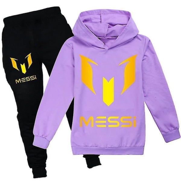 Børn Messi Casual Hættetrøje Bukser Dragter Drenge Piger Hættetrøje Bukser Træningsdragt sæt Purple_x 6-7Year-130cm