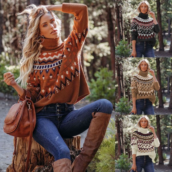 2023 vinter ny Amazon cross-border damebeklædning retro stribet syning kontrast sweater turtleneck løs sweater Khaki XL