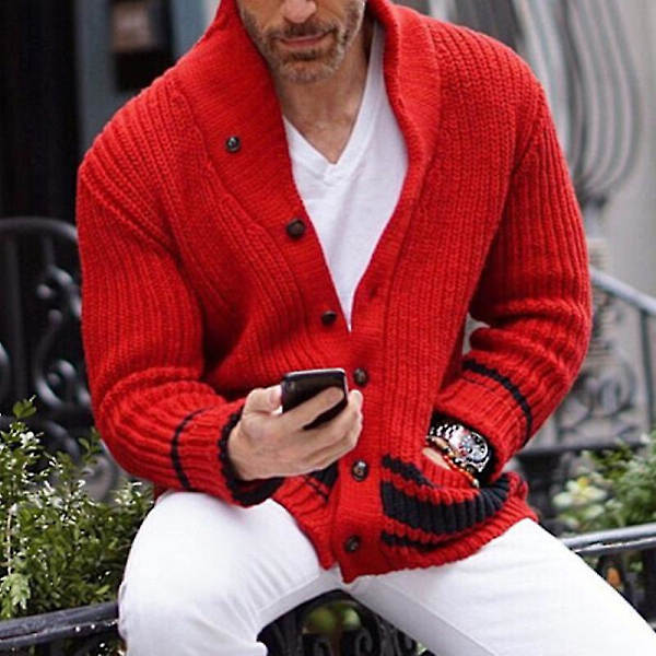Långärmad cardigan för män, slim fit, varm vinterjacka med öppen front Red M