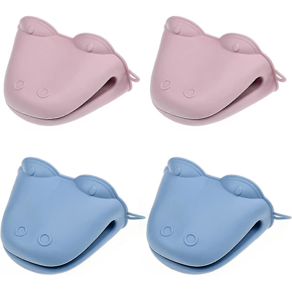 (Blå og rosa) 2 par silikon grytekluter, mini varmebestandig gryteklut, sklisikker silikon gryteunderlag for kjøkken, grilling og baking