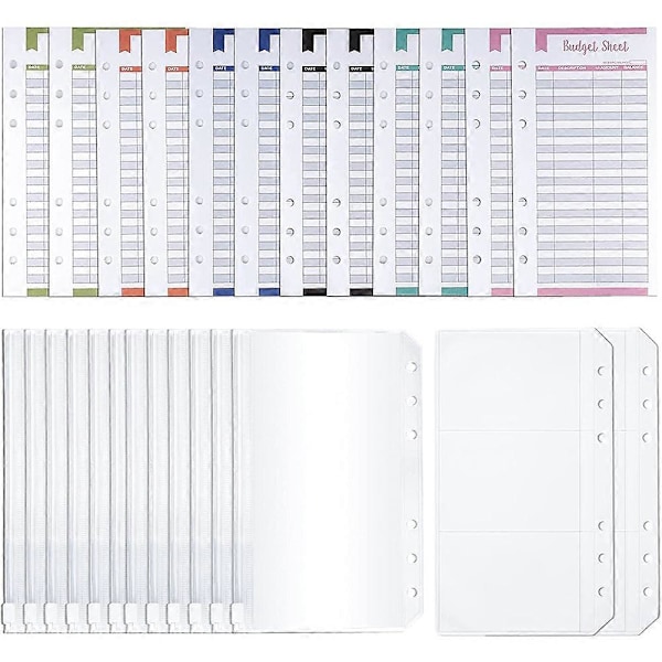 A6 Budget Organizer Binder Kontantkuvert, 60 stk. Udgifts Tracker Budgetark 6 stk. Lynlås Kontantpose
