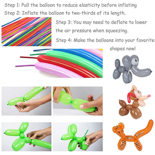 100 st Latex Twistballonger, 260Q Djur Magiska Långa Ballonger Blandade Färger med Pump för Djurform Party, Clowner, Bröllopsdekoration