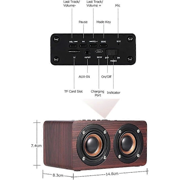 Puinen Bluetooth-kaiutin, W5 punainen puukuvioinen Bluetooth-kaiutin Bluetooth 4.2 10W kaksoiskaiuttimet