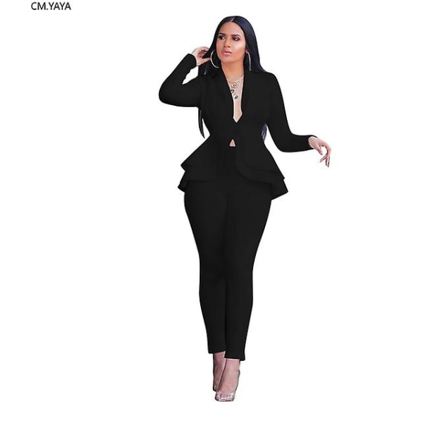 Dam Set Träningsdräkt Långärmad Volang Kavajer Byxor Kostym Tvådelat Set Kontorsdam Affärskläder Uniform Black XL