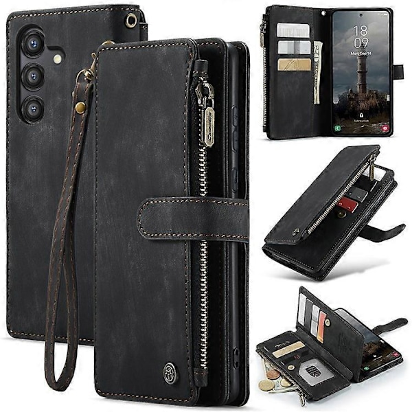 CASEME C30-serien Kompatibel med Samsung Galaxy A55 5G Deksel Glidelås Skinn Telefondeksel med 10 Kortspor Black