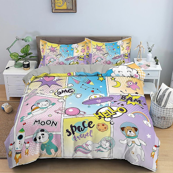 3D Yksisarvinen Painettu Pussilakana Sarjakuvatyylinen Vuodevaatesetti Lapsille Pojille Tytöille Polyester Peittopäällinen Kodintekstiili King Queen