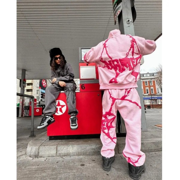 Gotisk Grå Y2k Hoodie Rosa Hoodie Män Tjej Hip Hop Oversized Sweatshirt Harajuku Punk Streetwear Lös Casual Y2k Kostym Sudadera Pink Tops XL