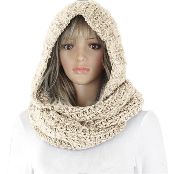 Strikket hette skjerf ensfarget varm og komfortabel integrert hette og skjerf Beige