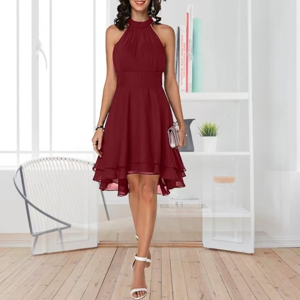 Damekjoler Elegant Halter Neck Ermeløs kort midi-kjole Burgundy XL