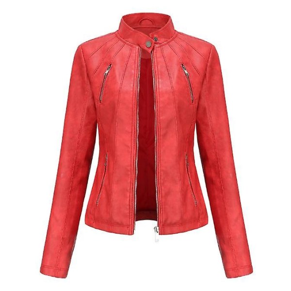 Läderimitation Jacka Dam Höst Långärmad Dragkedja Slim Mode Motorcykel Oversize Jacka Faux Läderrockar Ytterkläder red L