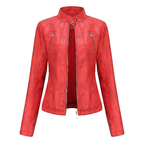 PU-jakke i skinn for kvinner, høst, langermet, glidelås, slank, mote, motorsykkel, oversized jakke, yttertøy i imitert skinn red M