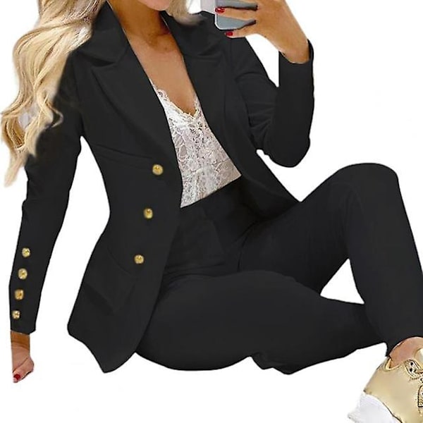 Elegant Damkostym med lång ärm, enkelknäppt, nedvikt krage, enfärgad, hög midja, kavaj och byxor Black XL